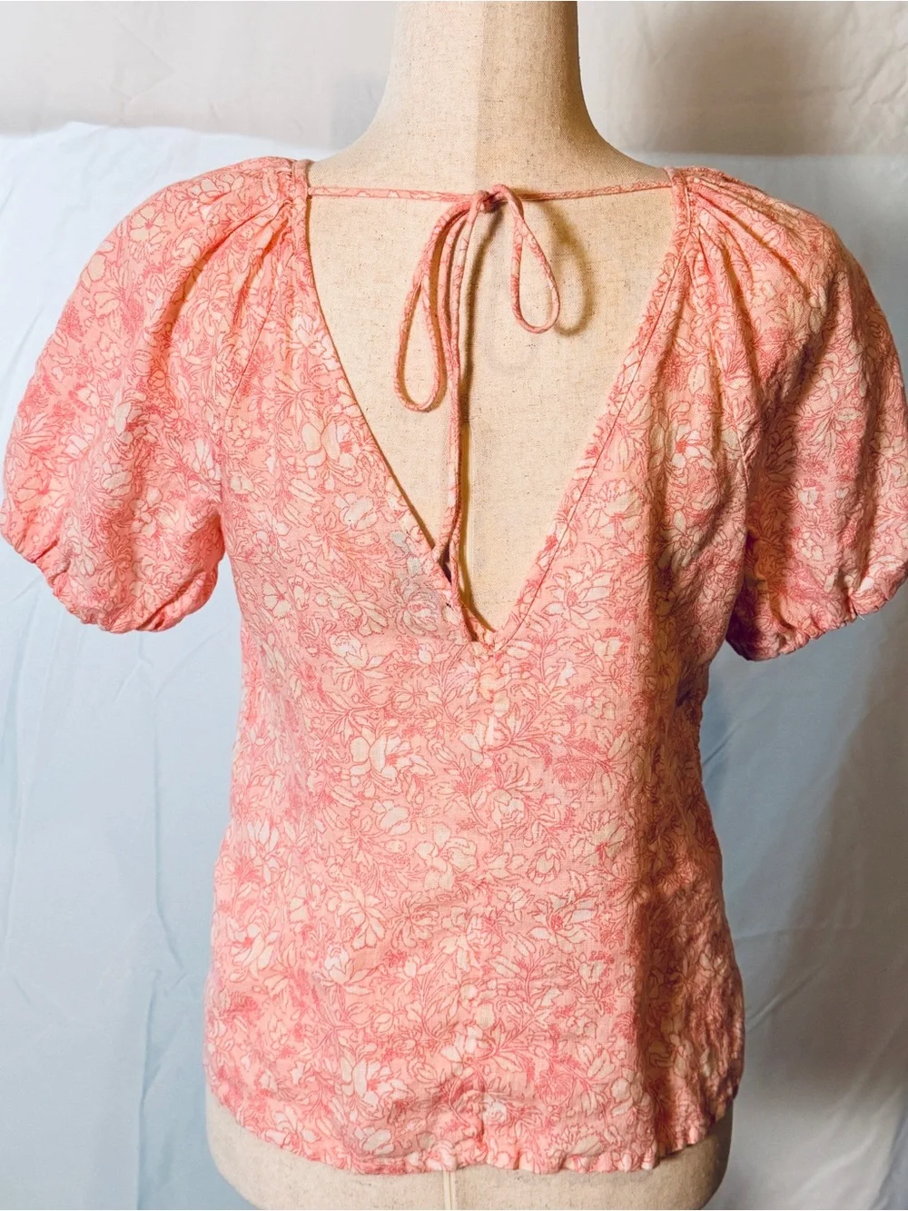 J. Crew 100% Linen Coral pink Floral Scoop-Neck Puff Sleeve peasant, cottagecore